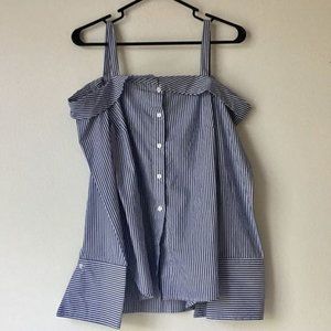 Korean Style Cold Shoulder Pinstripe Shirt  Navy Blue White. Size Small
